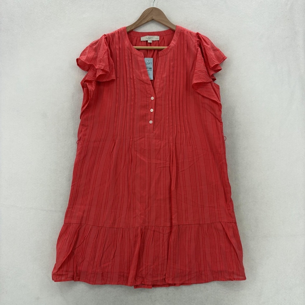 LOFT Dress Womens LP Pink Check Flutter Sleeve Henley Ruffle Hem Lined NWT